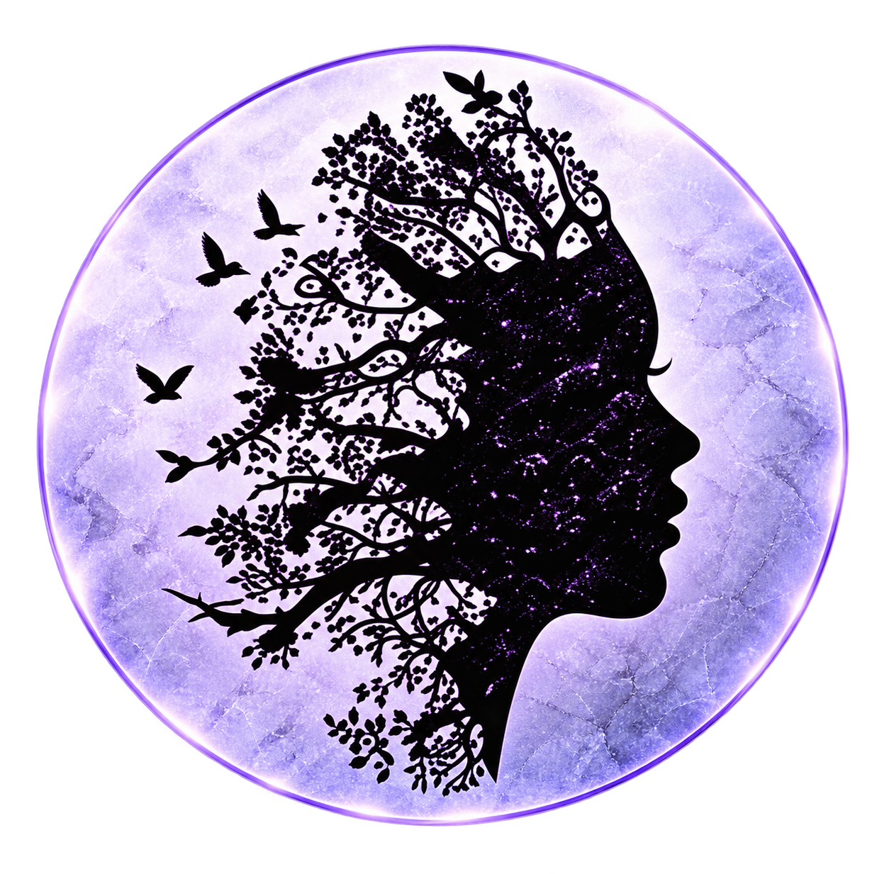 Iconic Identities Agency monogram — a woman's profile with a branching tree, framed by a violet ring